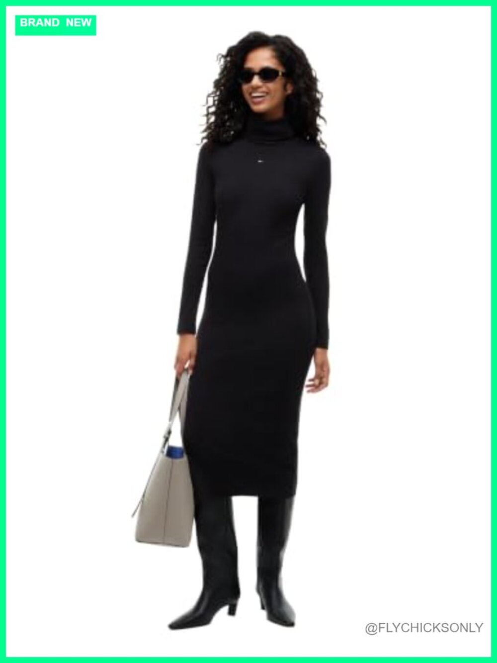Cotton Turtleneck Bodycon Midi Dress Long Sleeve Casual